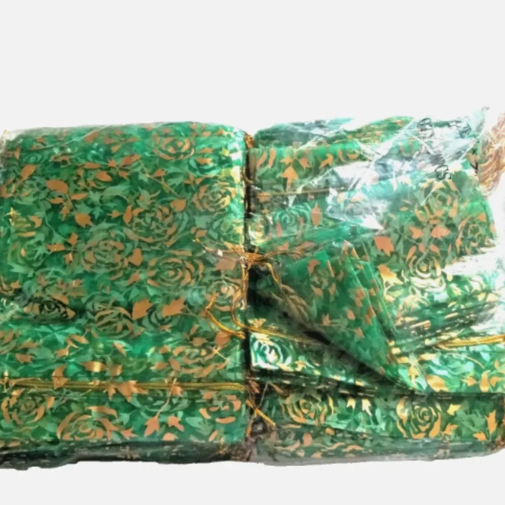 100 Pack Organza Gift Bag 4x6 Green Sheer Gold Rose Drawstring Wedding Favor NEW